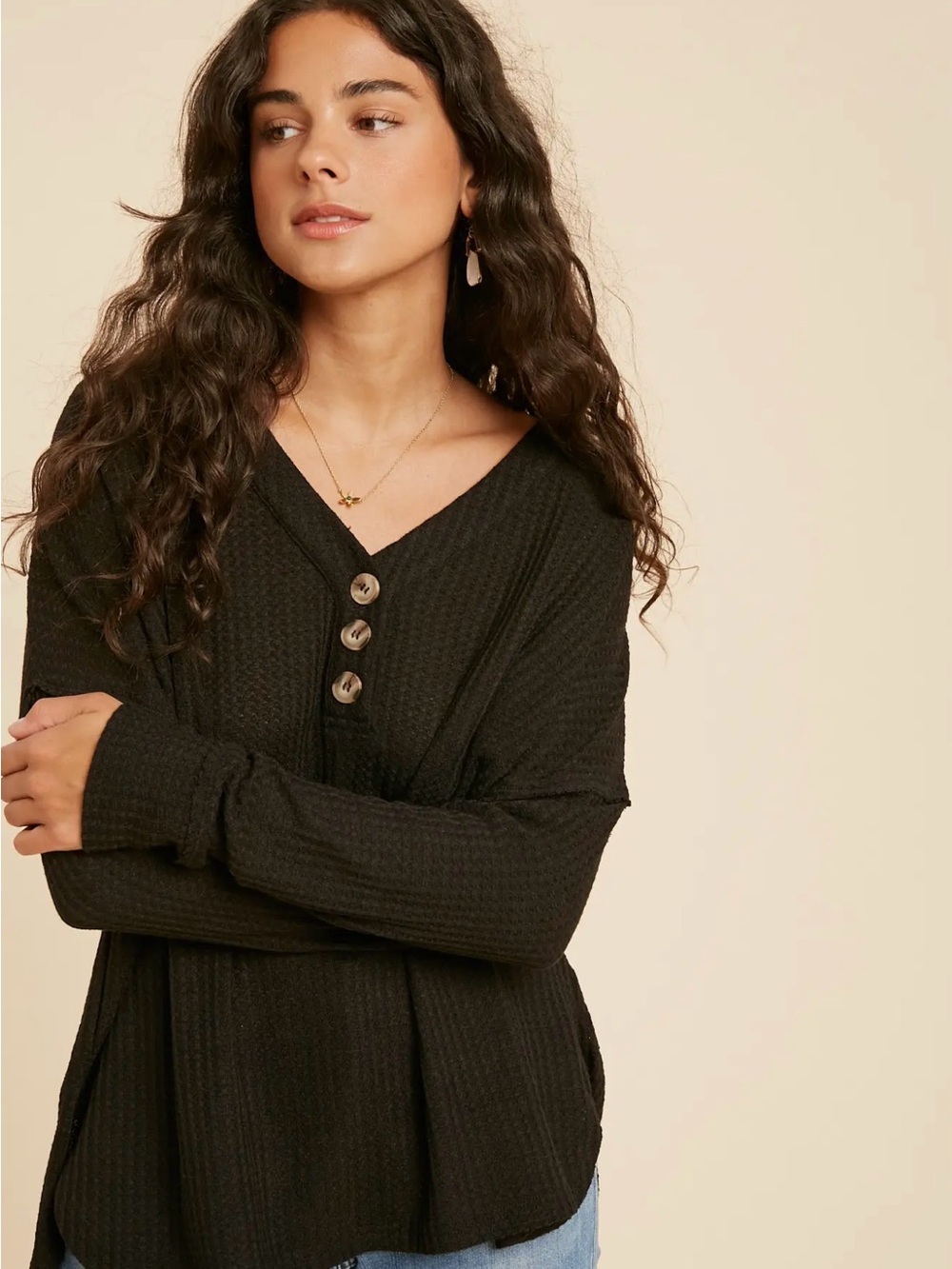 In Loom Waffle Knit Button Up Henley